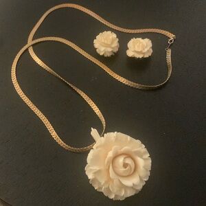 Vintage Bone Carved Rose 30” necklace & earring set